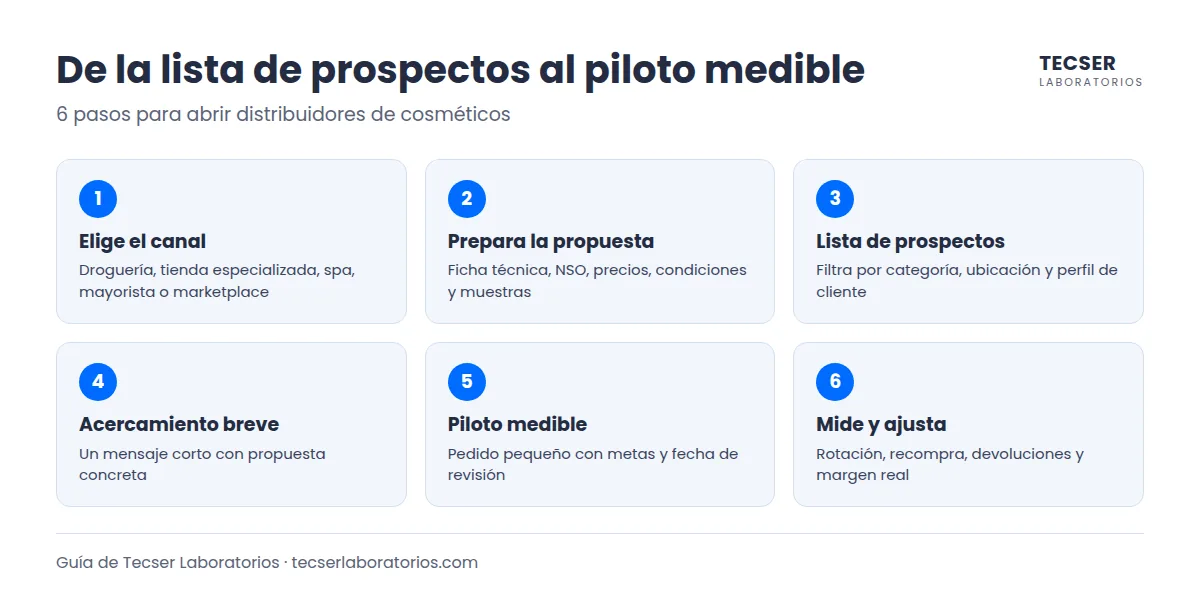 Infografía con el plan de 6 pasos para conseguir distribuidores de cosméticos, del canal al piloto medible